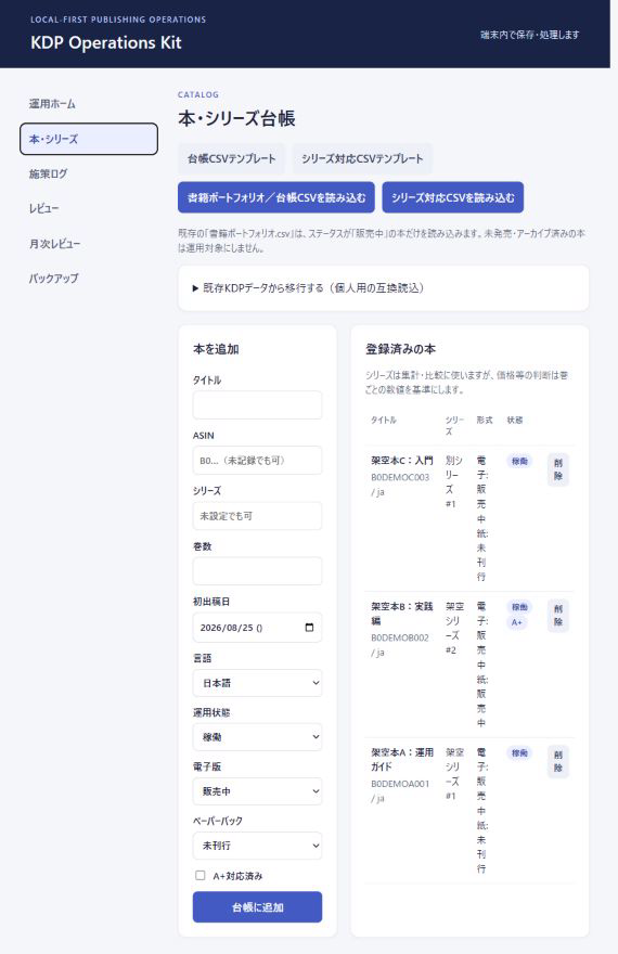 本とシリーズの台帳に電子版・紙版・A+の状態を表示した画面